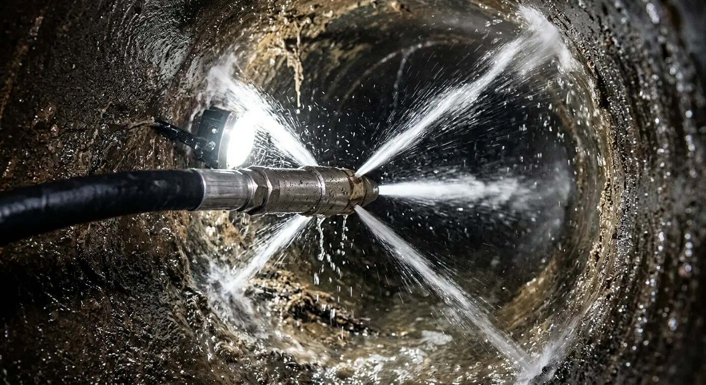 High-pressure hydro jetting nozzle cleaning sewer pipe for Trenchless Sewer Repair in Fountainhead-Orchard Hills