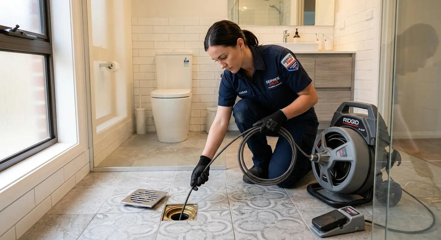 Technician clearing a bathroom floor drain for Clogged Drain Repair in Fountainhead-Orchard Hills